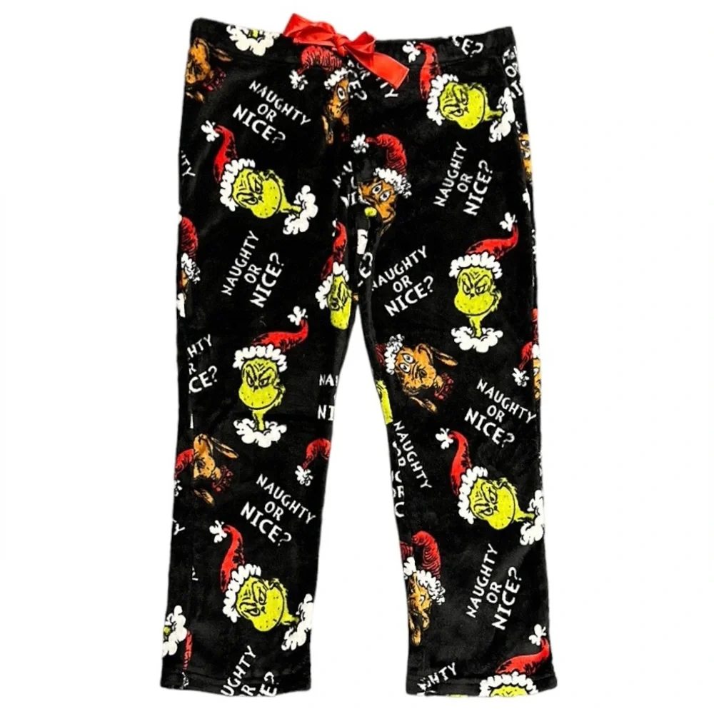 Dr Seuss The Grinch Black Green Fleece PJs Pajama Lounge Pants Size XL 16-18